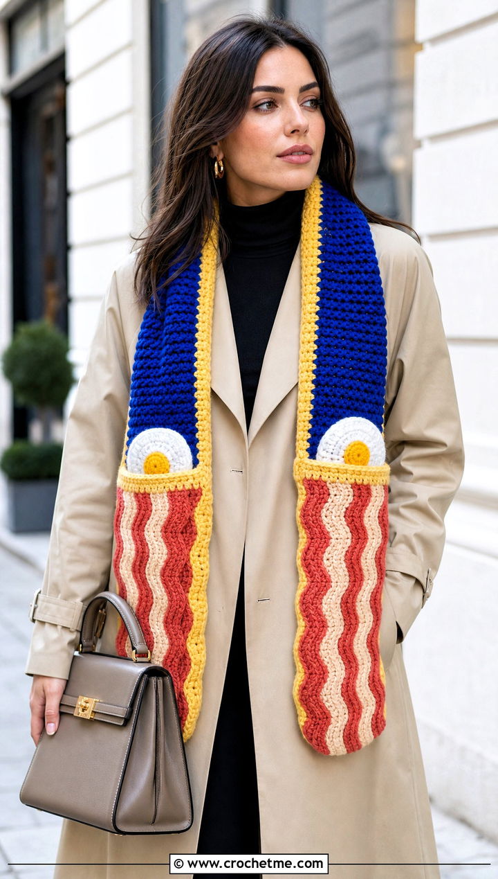 Egg Pocket Bacon Scarf With Trench Coat - 20 Crochet Bacon And Eggs Scarf outfit ideas