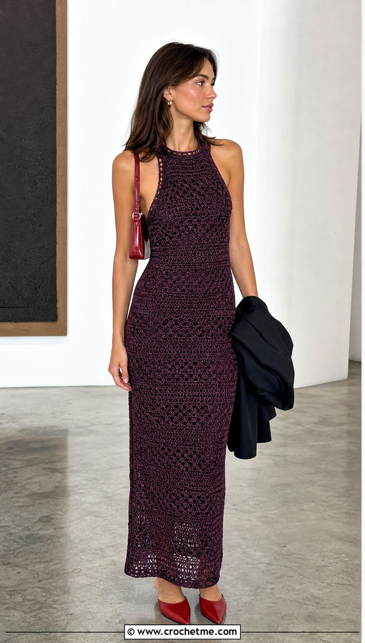 Eggplant Crochet Column Dress With Red Accessories - 35 purple crochet dress outfit ideas
