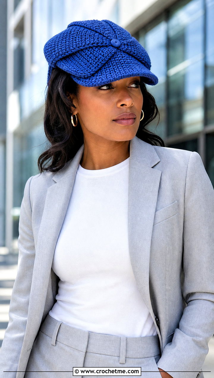 Eight Panel Crochet Newsboy Cap With Blazer And Trousers - 25 crochet flat cap outfit ideas