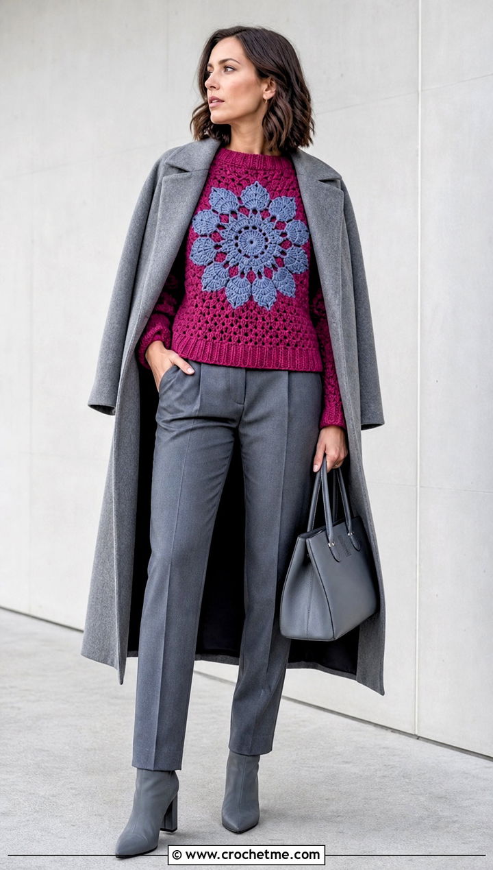 Eight Petal Rose Norwegian Crochet Sweater With Monochrome Trousers - 20 Norwegian Crochet Sweater outfit ideas