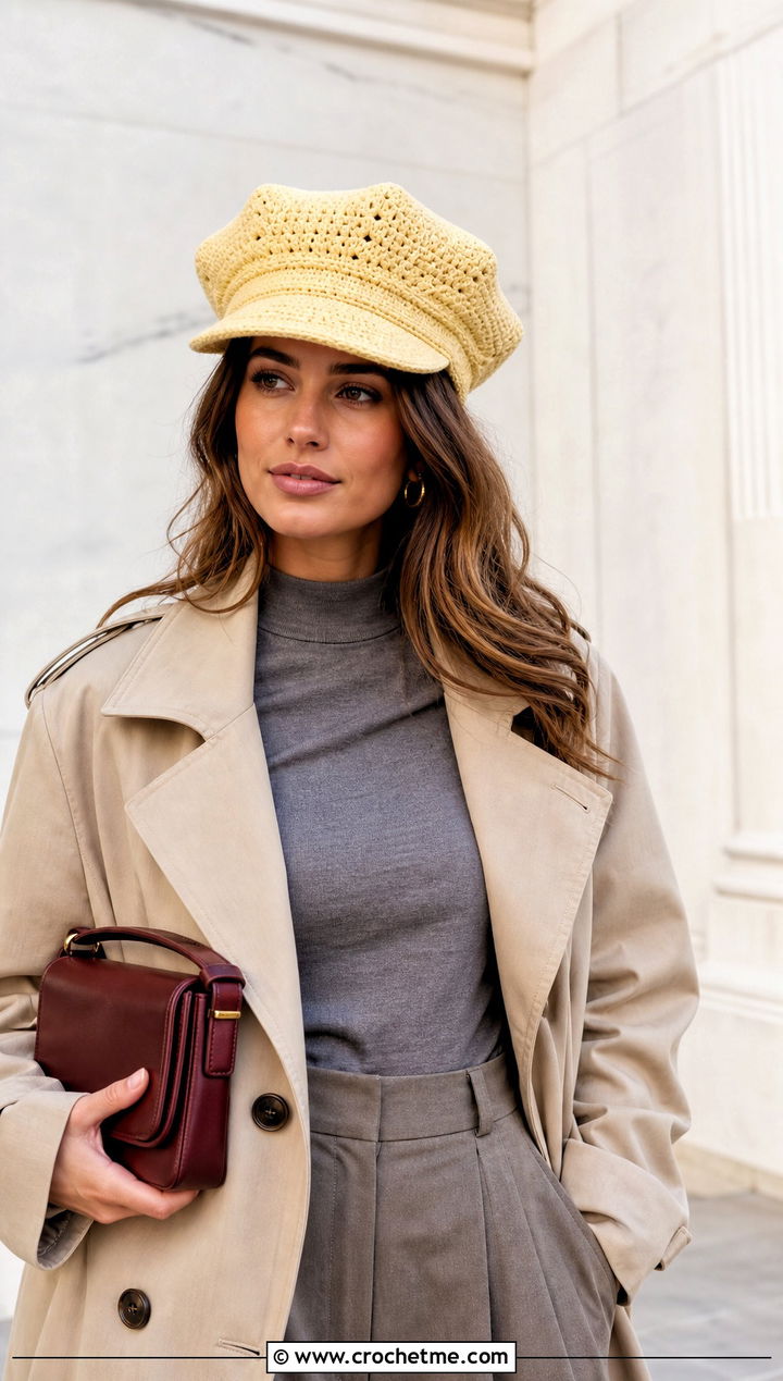 Eight Point Crochet Police Hat With Trench Coat And Trousers - 30 crochet police hat outfit ideas