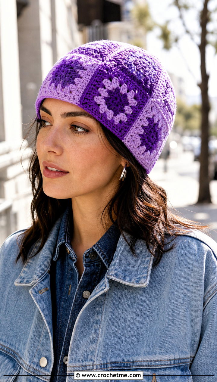 Eight Square Patchwork Beanie With Denim Outfit - 25 square crochet beanie outfit ideas