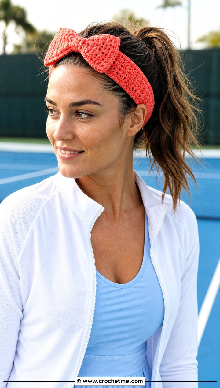 Elastic Back Crochet Bow Headband With Tennis Dress And Zip Jacket - 30 crochet headband with bow outfit ideas