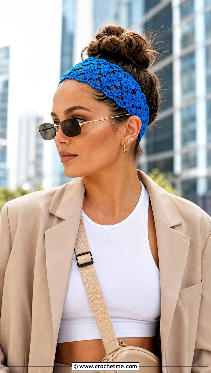 Elastic Back Lace Crochet Headband With Blazer And Bike Shorts - 30 lace crochet headband outfit ideas
