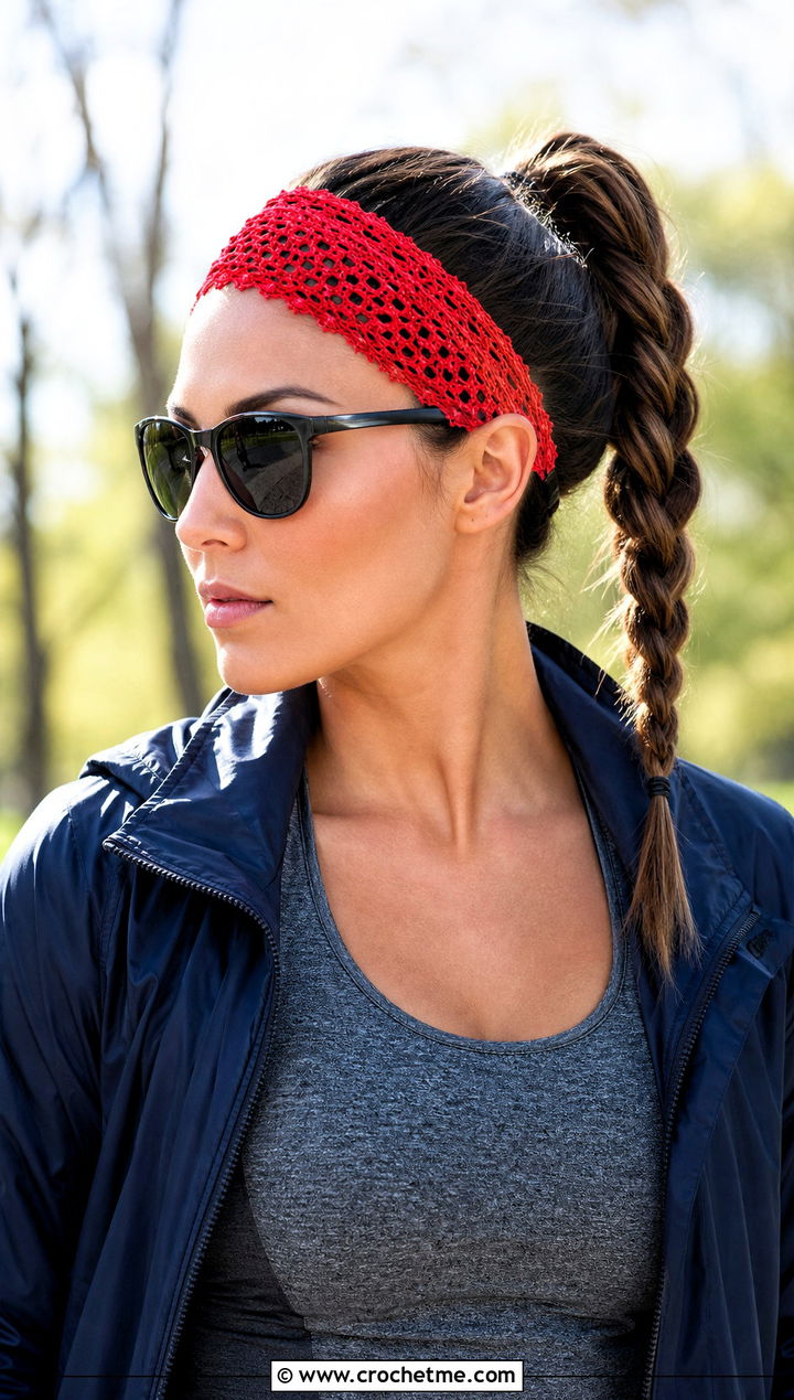 Elastic Crochet Lace Headband With Leggings And Windbreaker - 30 crochet lace headband outfit ideas