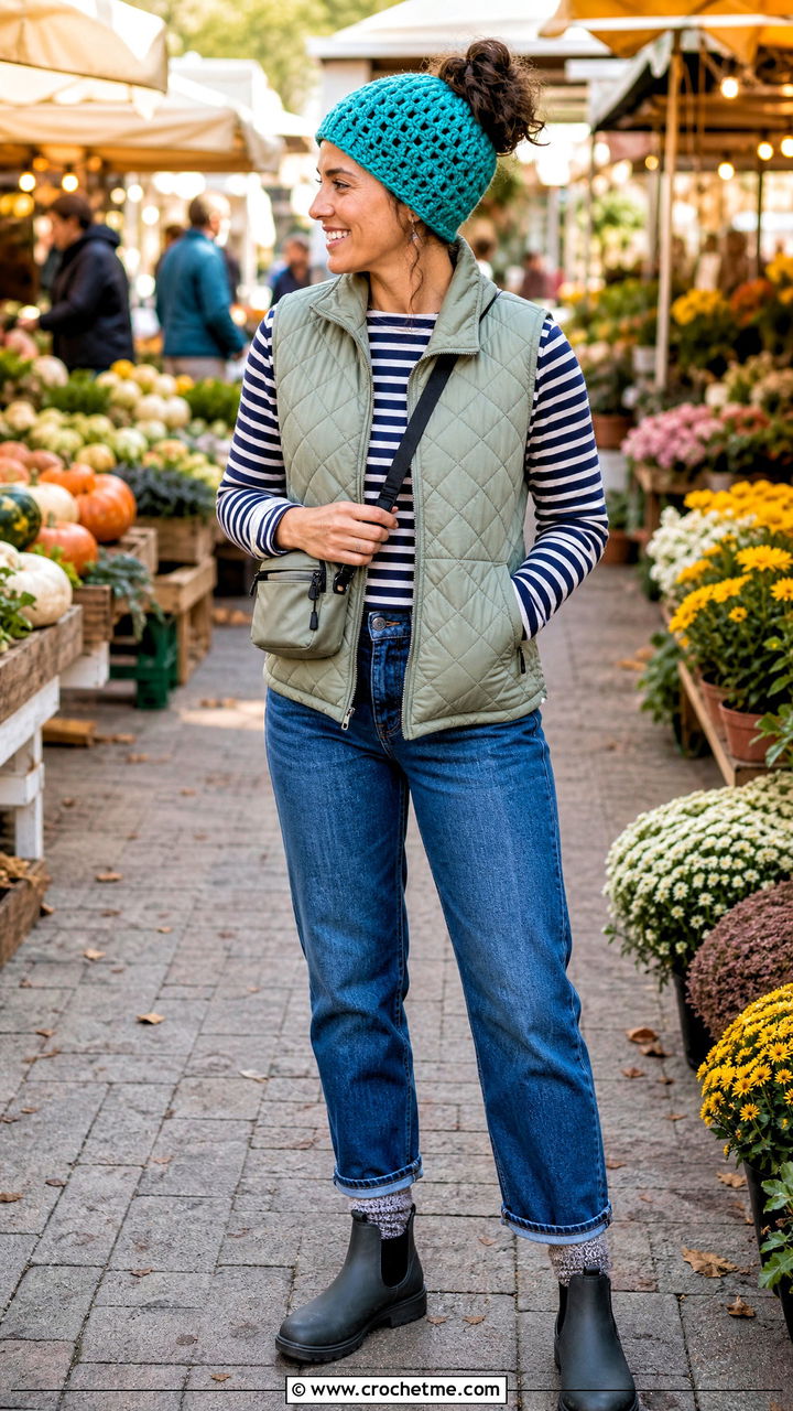 Elastic Opening Crochet Messy Bun Hat With Quilted Vest - 35 crochet messy bun hat outfit ideas