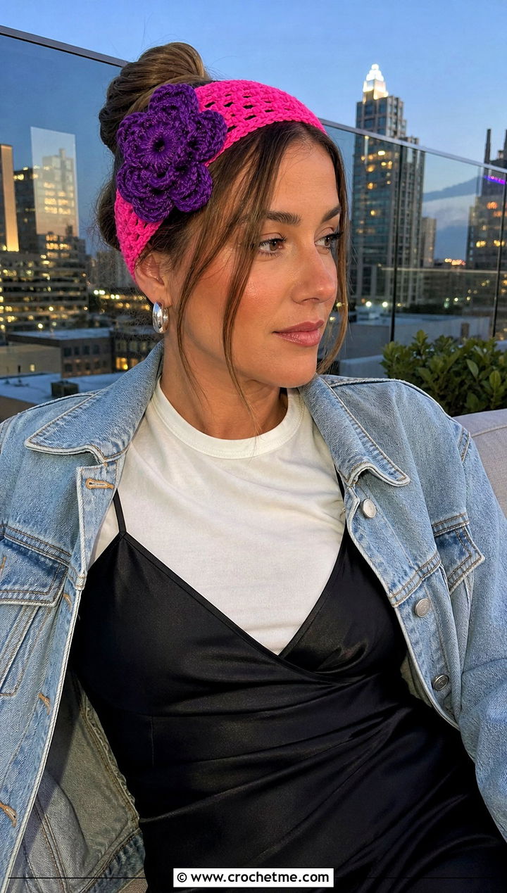 Elasticized Crochet Headband With Slip Dress Outfit - 15 crochet headband with purple flower outfit ideas
