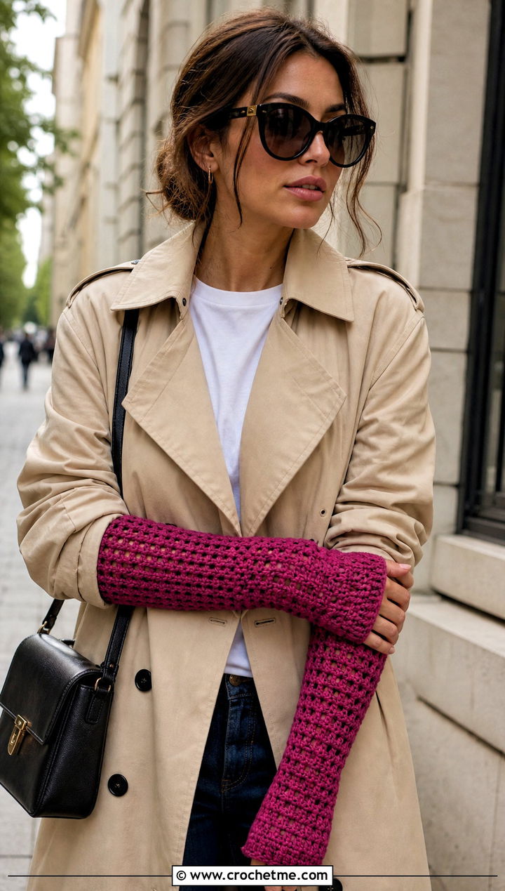 Elbow Length Crochet Arm Warmers With Trench Coat - 25 Crochet Arm Warmers Aesthetic outfit ideas