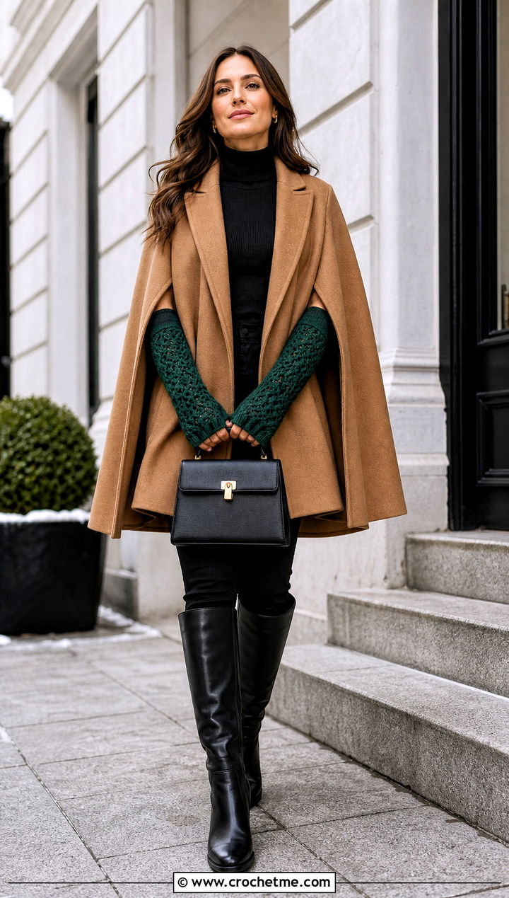 Elbow Length Crochet Handwarmers With A Cape Coat - 35 crochet handwarmers outfit ideas