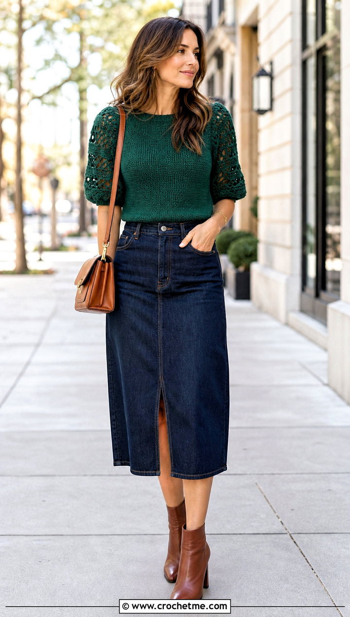 Elbow Length Crochet Puff Sleeve Top With Denim Midi Skirt - 35 crochet puff sleeve top outfit ideas