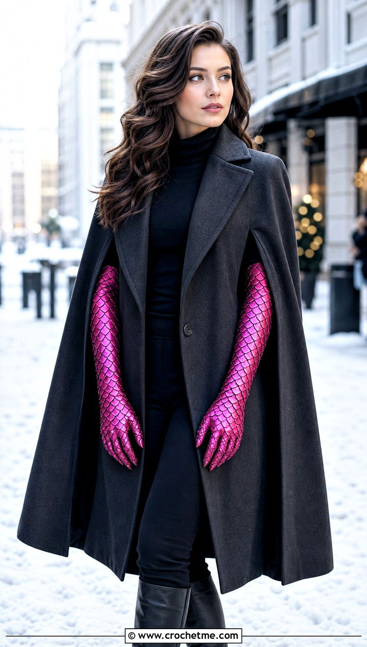 Elbow Length Dragon Scale Gauntlets With Cape Coat - 30 dragon scale crochet gloves outfit ideas