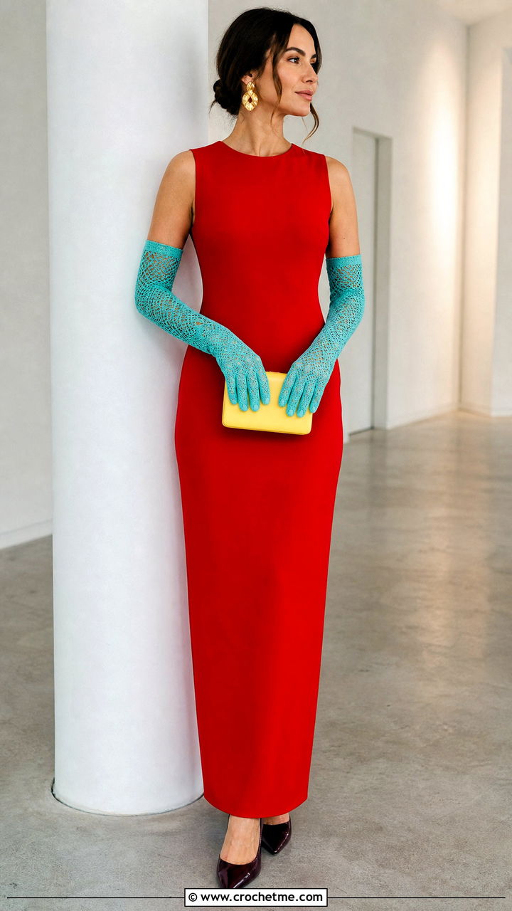Elbow Length Opera Crochet Gloves With Column Dress - 35 crochet gloves outfit ideas