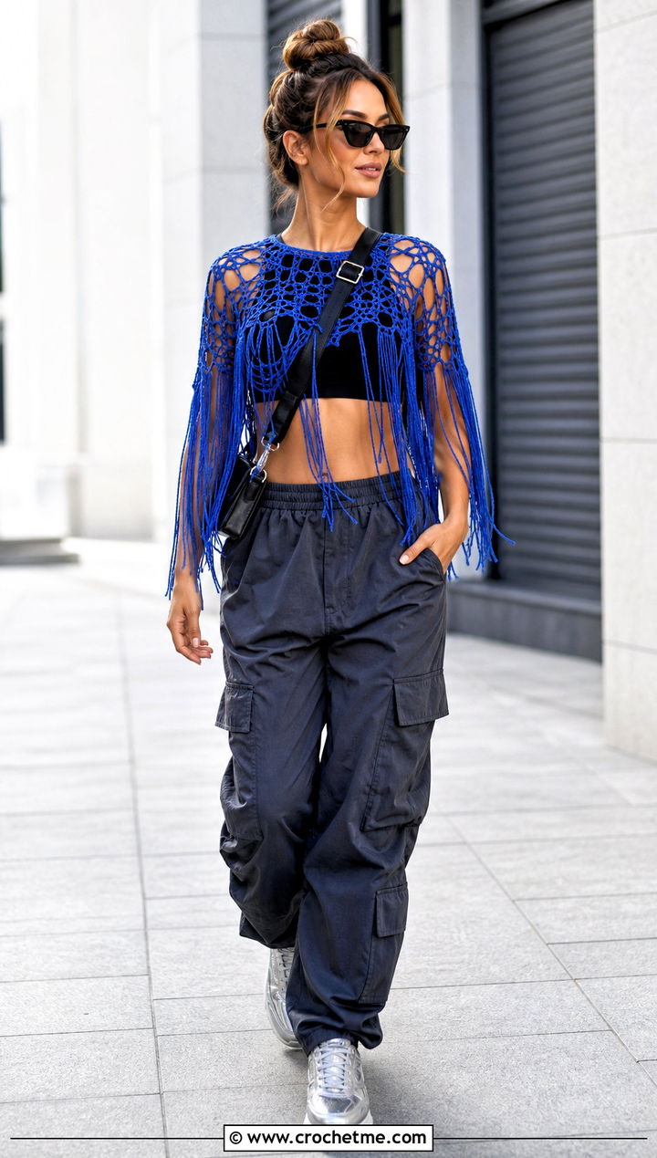 Electric Blue All Over Fringe Crop Top With Cargo Pants - 15 Blue Crochet Top With Fringes outfit ideas