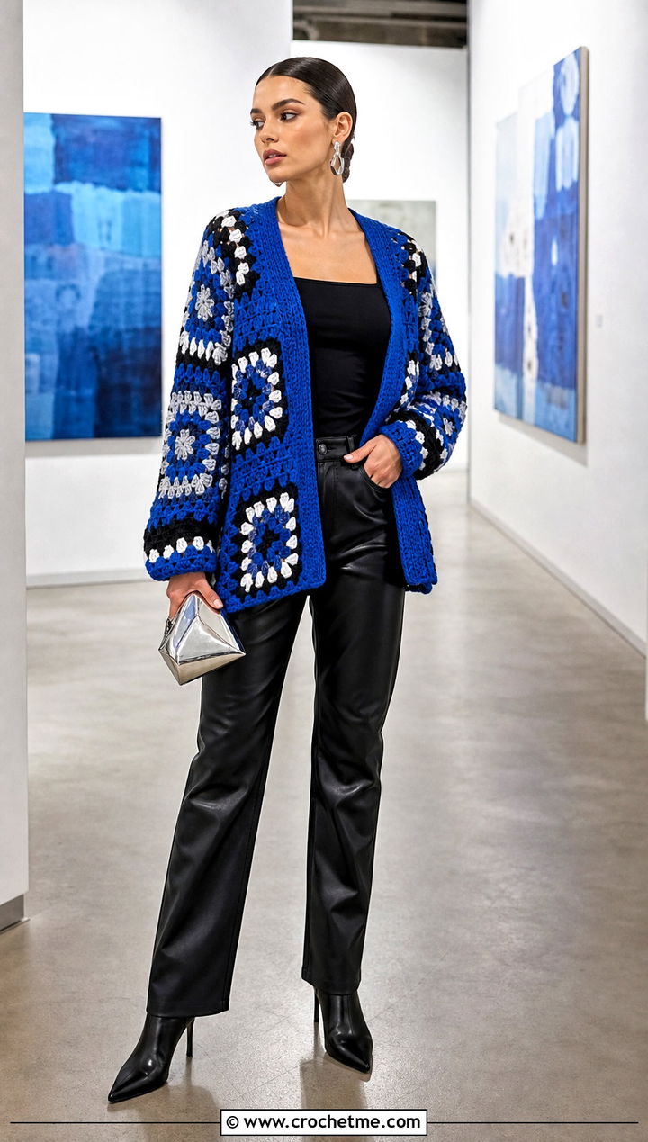 Electric Blue Patchwork Granny Square Cardigan With Leather Pants - 30 blue granny square cardigan outfit ideas