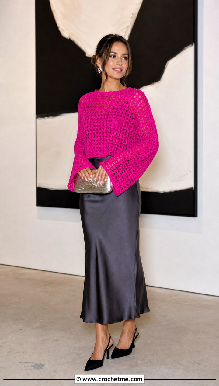 Electric Fuchsia Bell Sleeve Crochet Sweater With Satin Skirt - 35 crochet light sweater outfit ideas