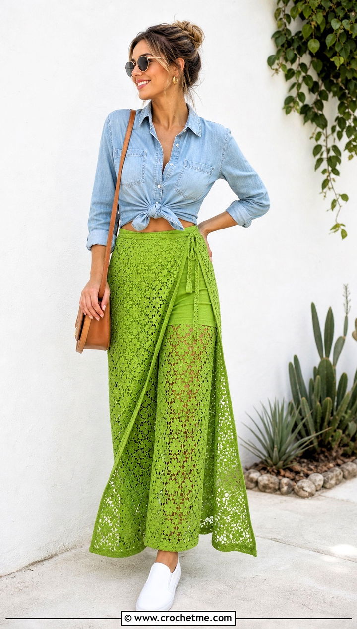 Electric Green Floral Crochet Wrap Pants With Chambray Shirt - 15 crochet wrap around pants outfit ideas