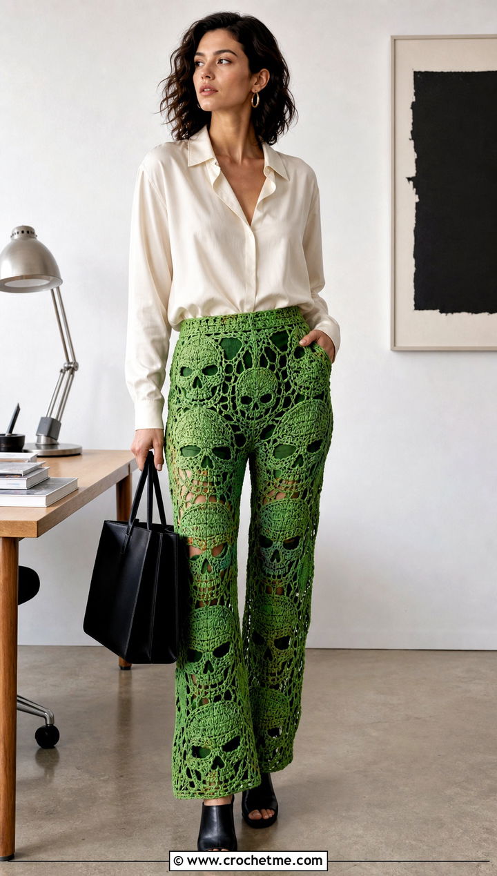 Electric Green Openwork Crochet Skull Pants With Silk Blouse - 25 Crochet Skull Pants outfit ideas
