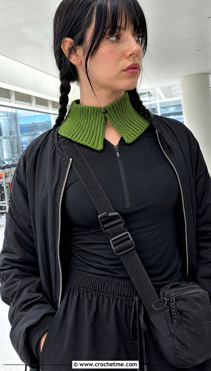 Electric Green Ribbed Split Crochet Collar With Sporty Outfit - 15 wednesday addams crochet collar outfit ideas