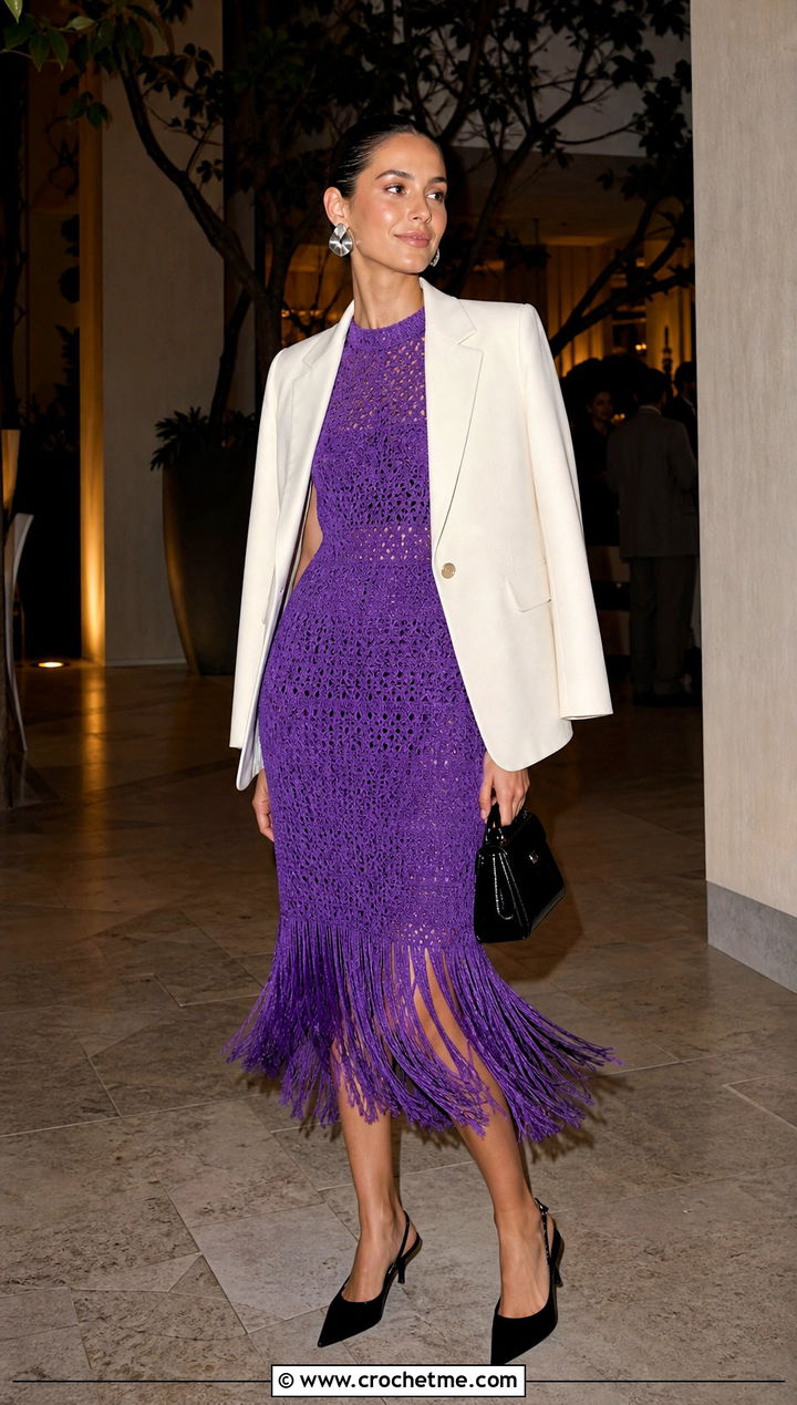 Electric Purple Crochet Fringe Dress With Blazer - 35 purple crochet dress outfit ideas