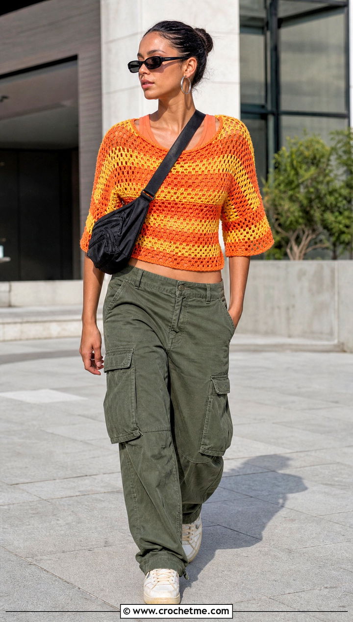 Electric Sun Crochet Tee With Cargo Pants - 15 electric sun crochet tee outfit ideas