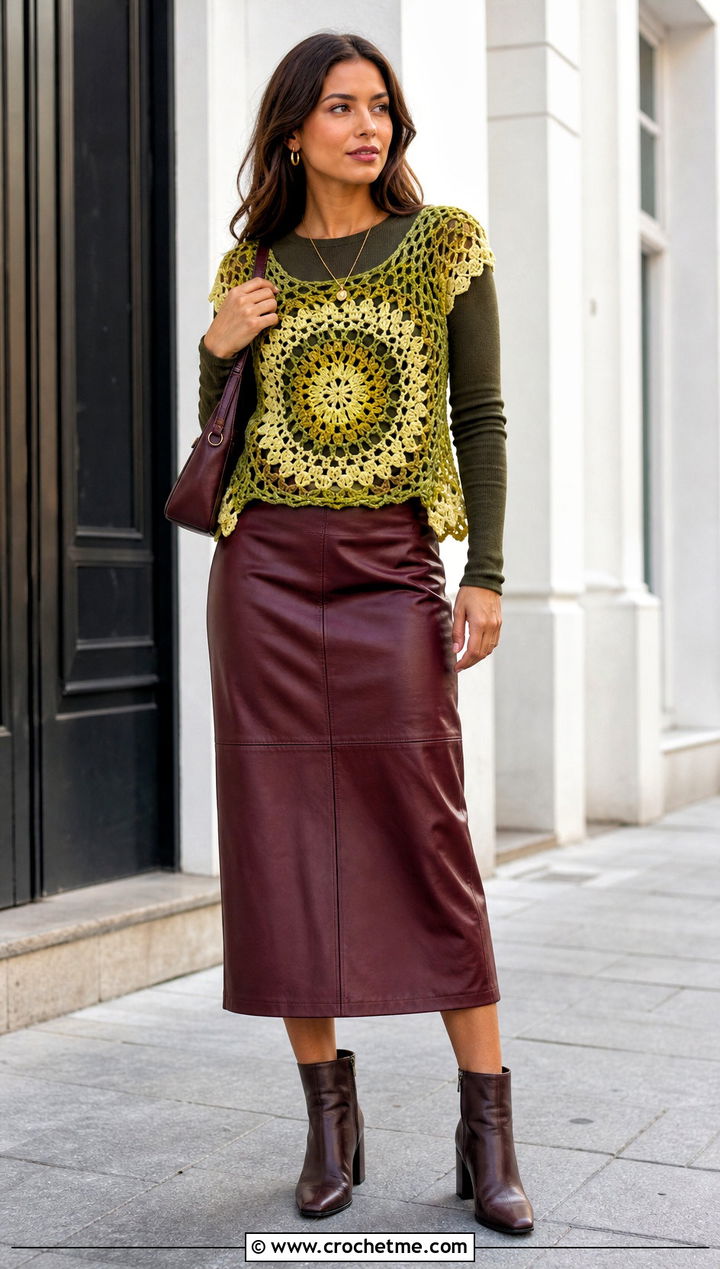 Electric Sun Crochet Tee With Leather Midi Skirt - 15 electric sun crochet tee outfit ideas