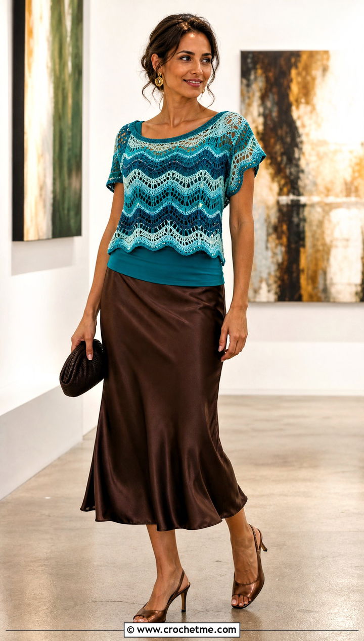 Electric Sun Crochet Tee With Satin Midi Skirt - 15 electric sun crochet tee outfit ideas