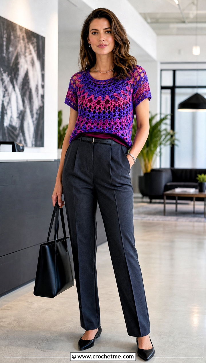 Electric Sun Crochet Tee With Tailored Trousers - 15 electric sun crochet tee outfit ideas