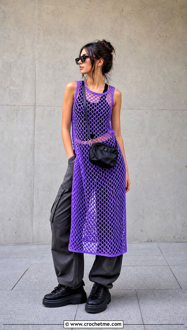 Electric Violet Mesh Crochet Dress With Cargo Pants - 35 purple crochet dress outfit ideas