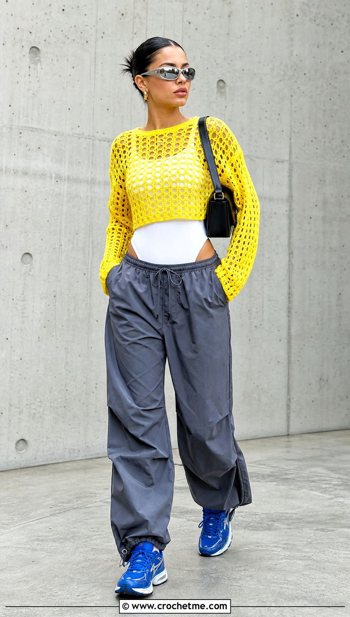 Electric Yellow Crochet Sweater With Parachute Pants - 30 Crochet Yellow Sweater outfit ideas