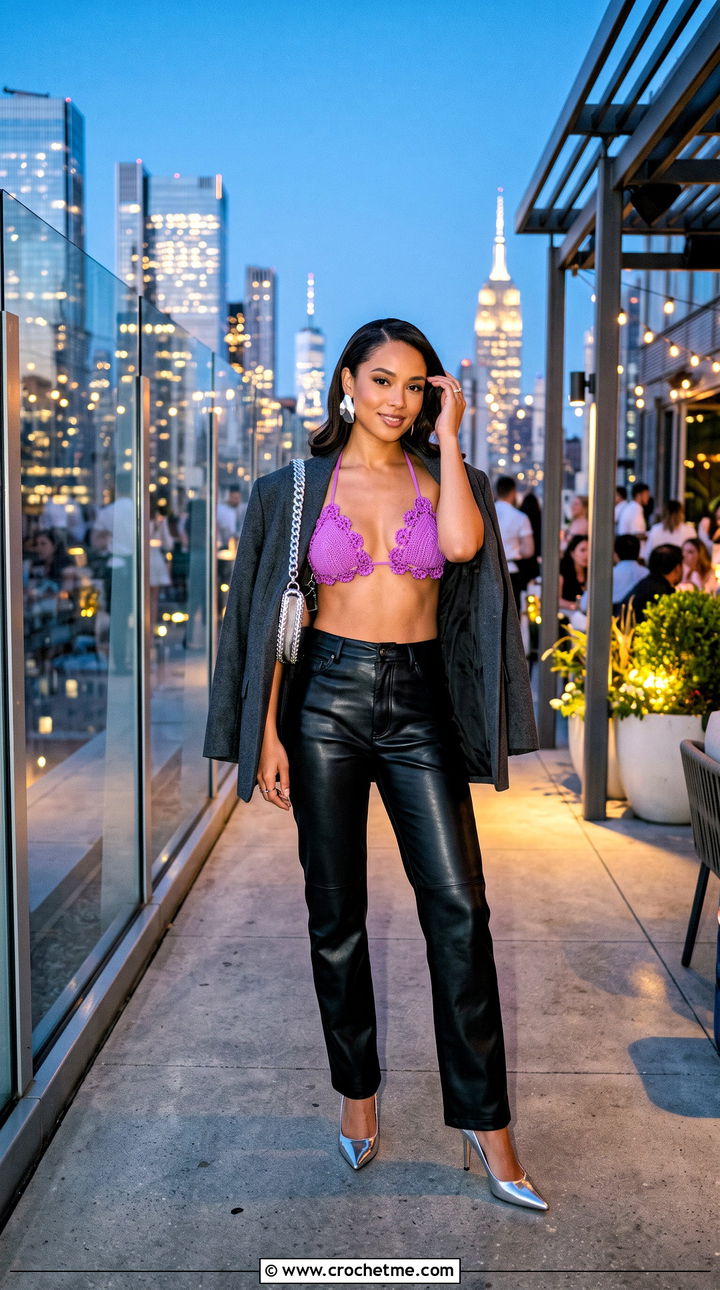 Elena Crochet Shine Bikini Top With Leather Pants - 20 crochet frankies bikinis outfit ideas