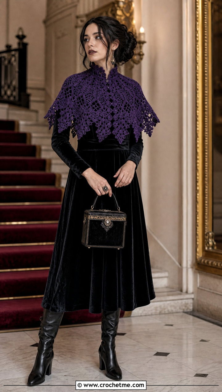 Elissabat Crochet Capelet With Velvet Midi Dress - 30 monster high crochet clothes and outfit ideas