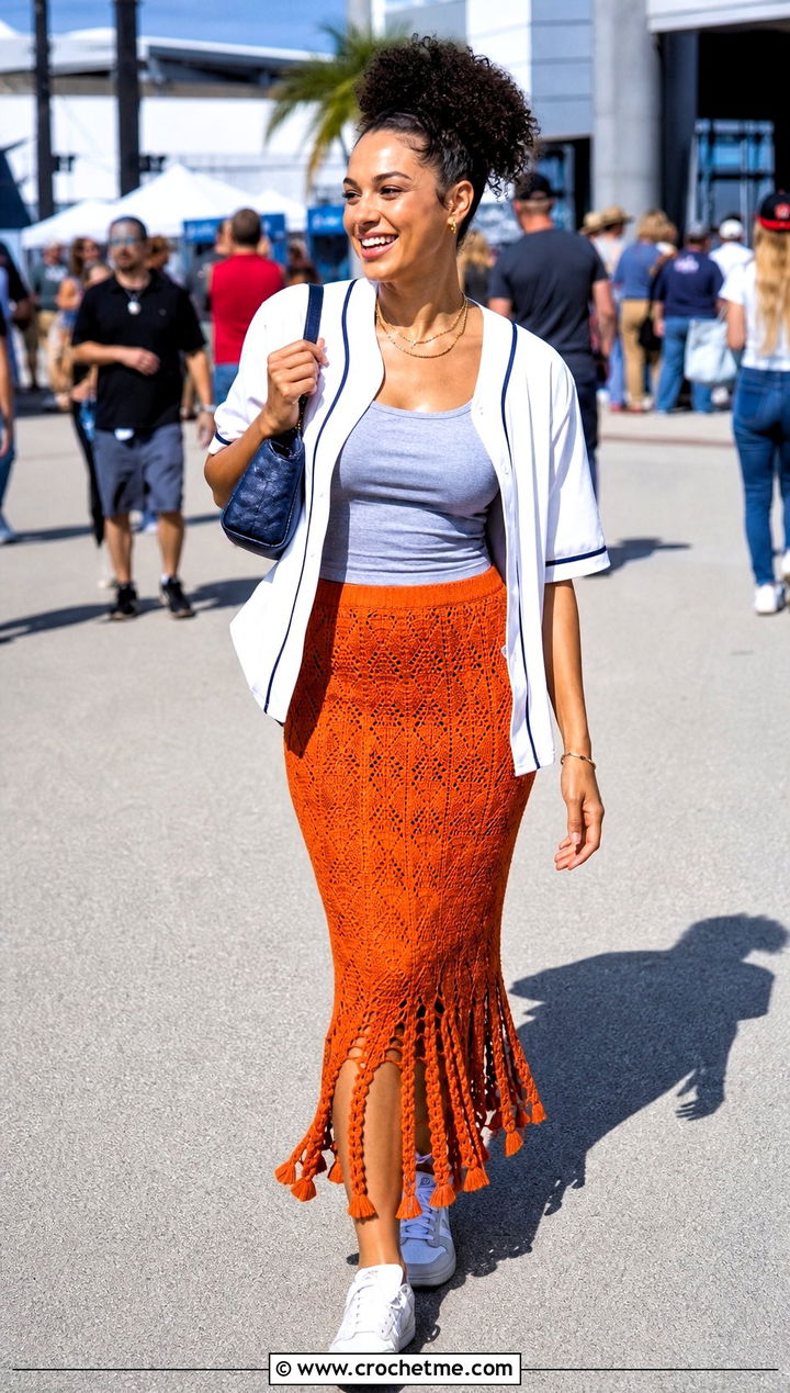 Elle Crochet Skirt With Baseball Jersey - 30 crochet elle skirt outfit ideas
