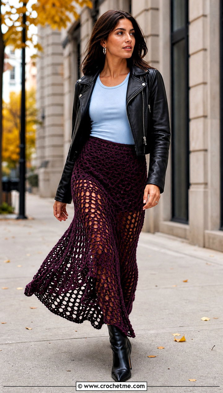 Elle Crochet Skirt With Leather Jacket - 30 crochet elle skirt outfit ideas