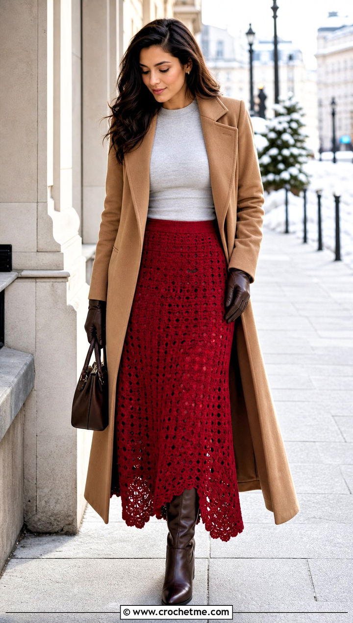 Elle Crochet Skirt With Long Coat - 30 crochet elle skirt outfit ideas