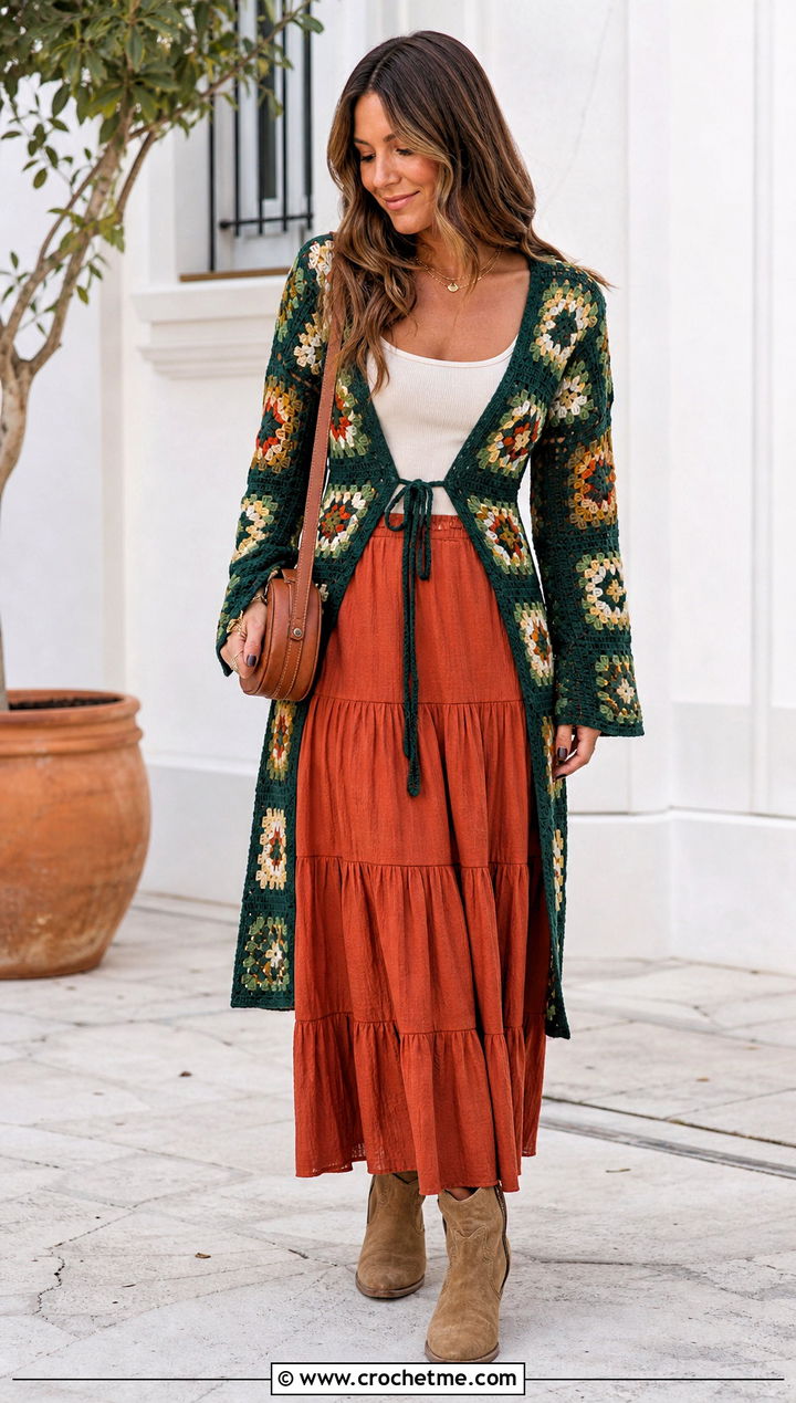 Elongated Granny Square Tie Cardigan With Tiered Maxi Skirt - 25 Granny Square Tie Cardigan outfit ideas
