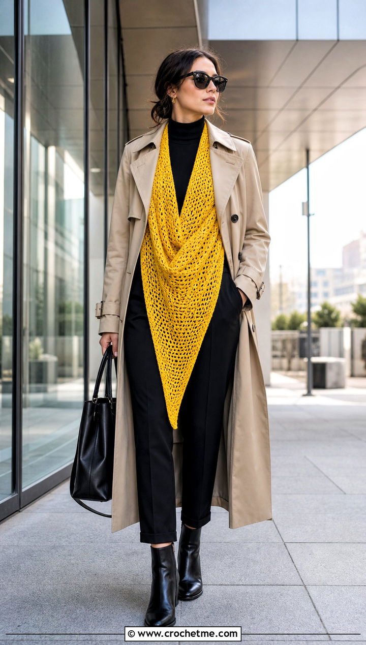Elongated Triangle Sideways Crochet Shawl With Trench Coat - 25 Sideways Crochet Shawl outfit ideas