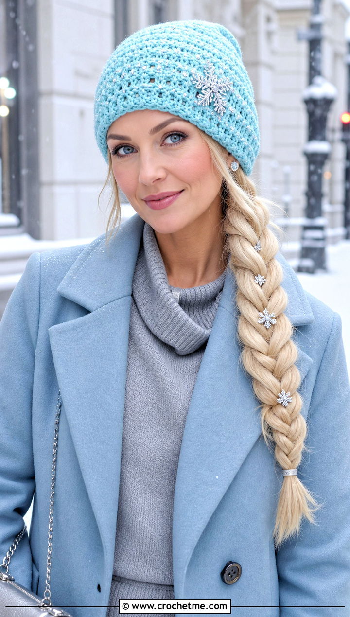 Elsa Braid Beanie With Wool Coat - 25 Crochet Disney Beanie outfit ideas