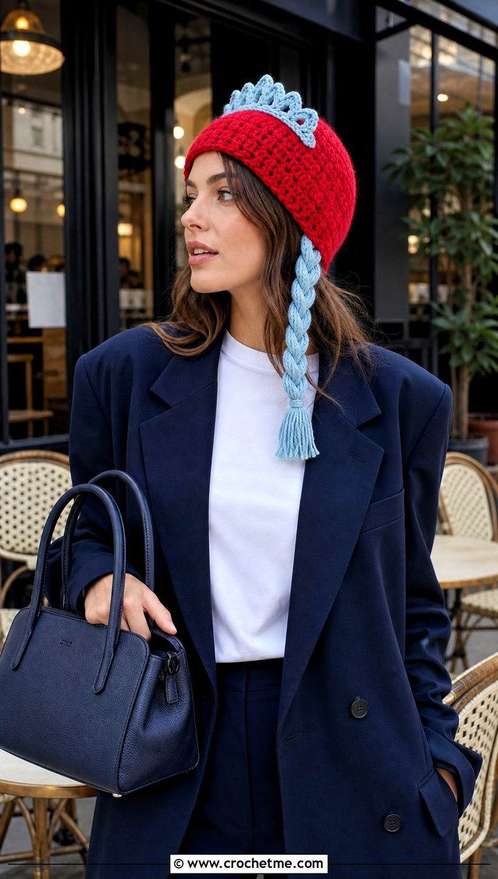 Elsa Crown Beanie With Blazer And Jeans - 15 Crocheted Elsa Hat outfit ideas