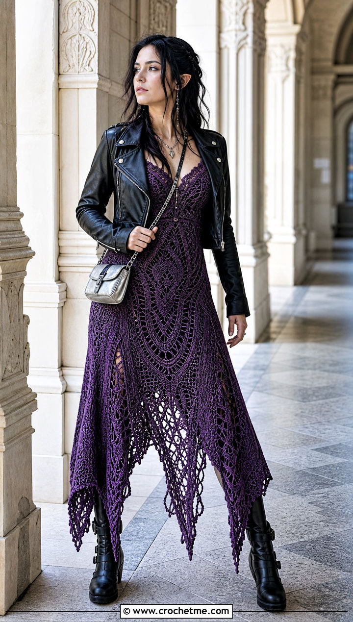 Elven Crochet Maxi Dress With Moto Jacket - 35 fantasy crochet clothes and outfit ideas