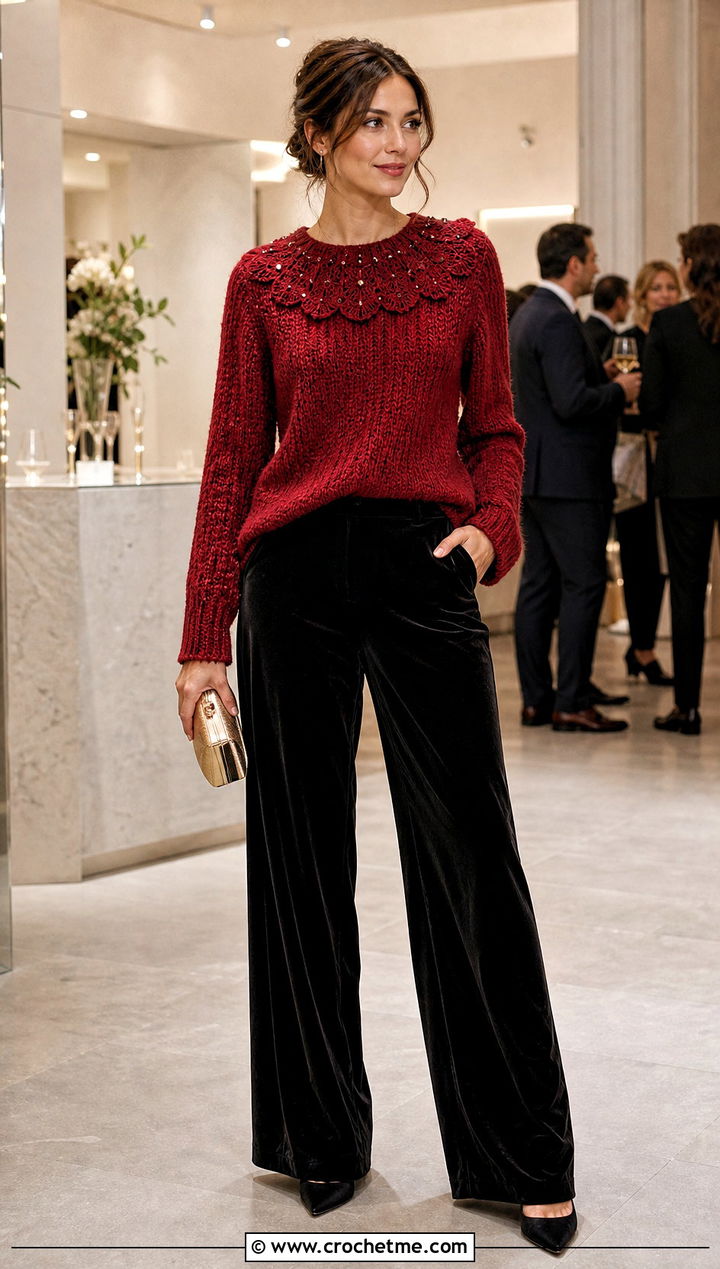 Embellished Collar Crochet Sweater With Velvet Trousers - 35 crochet sweater with collar outfit ideas