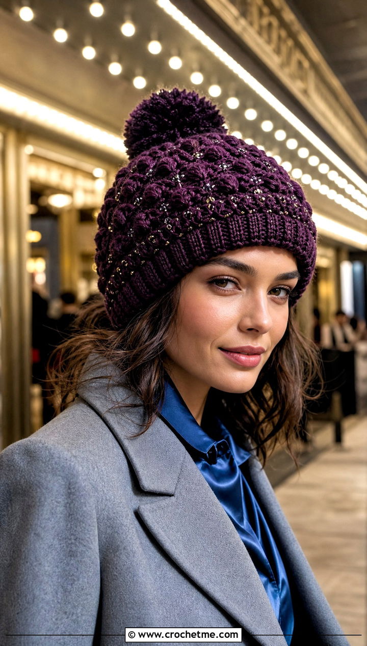 Embellished Crochet Bobble Hat With Evening Coat - 30 crochet bobble hat outfit ideas