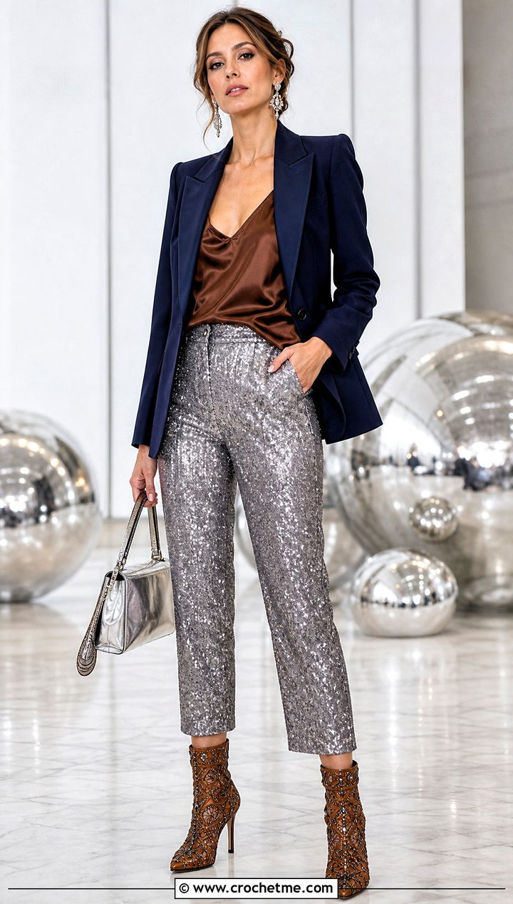 Embellished Crochet Boots With Sequin Trousers - 15 Blue And Brown Crochet Boots outfit ideas