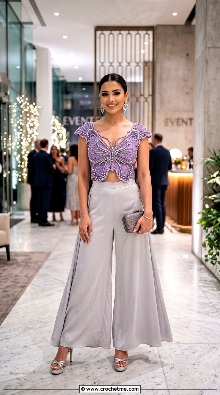 Embellished Crochet Butterfly Crop Top With Palazzo Pants - 30 crochet butterfly crop top outfit ideas