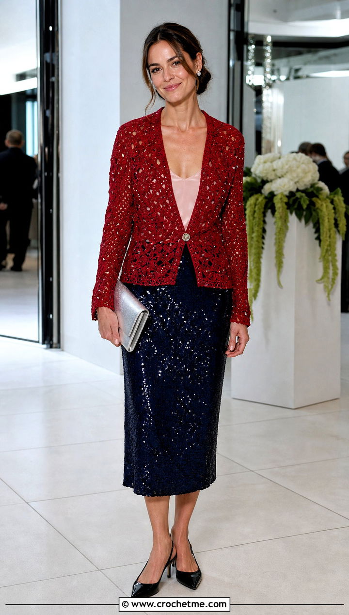 Embellished Crochet Cardigan With Sequin Midi Skirt - 20 Miu Miu Crochet Cardigan outfit ideas