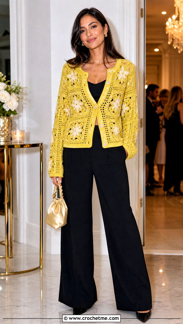 Embellished Crochet Star Granny Square Cardigan With Black Trousers - 25 Crochet Star Granny Square Cardigan outfit ideas