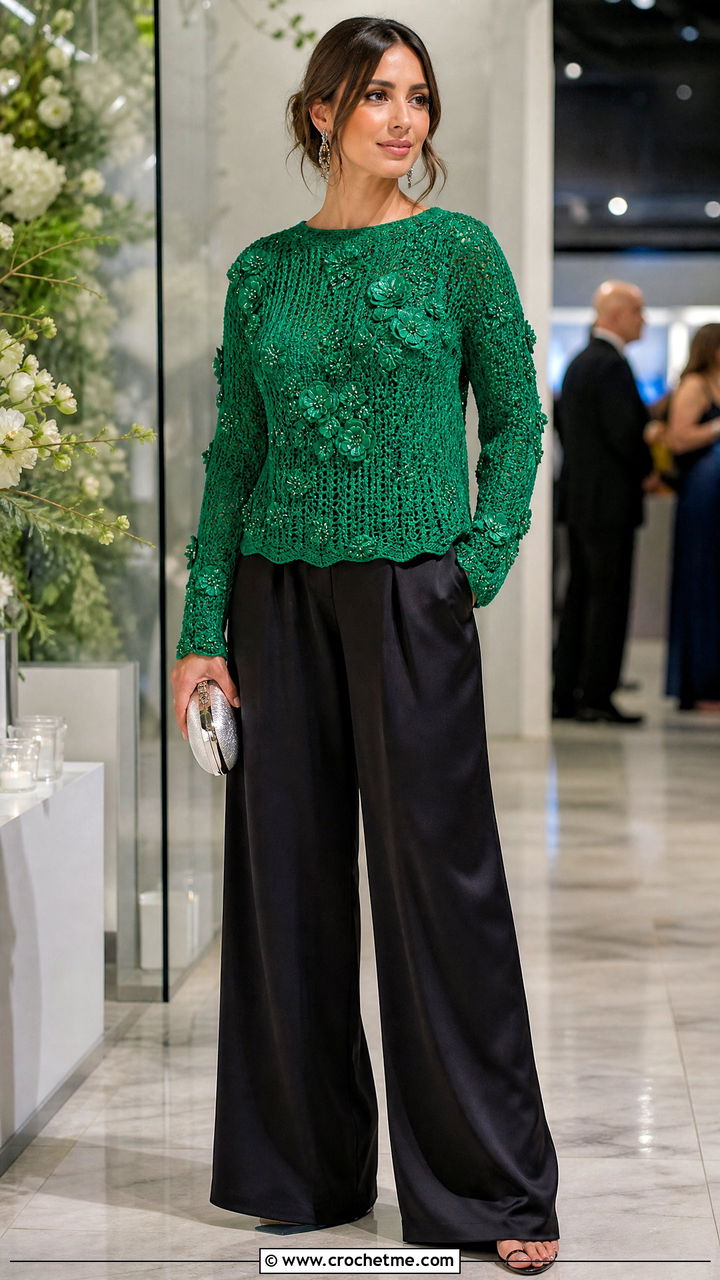 Embellished Crochet Sweater With Palazzo Pants - 35 crochet sweater design for women outfit ideas