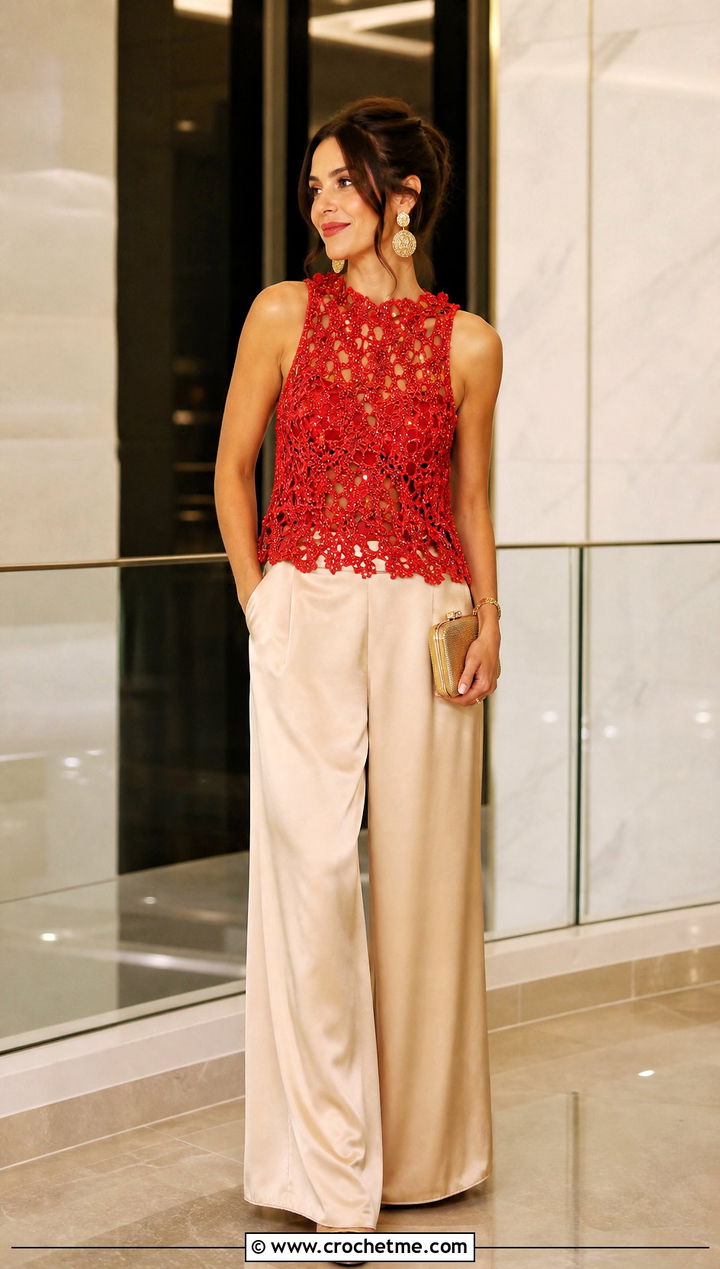 Embellished Crochet Top With A Satin Pants - 30 crochet top for outfit ideas