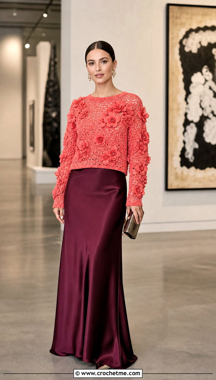 Embellished Designer Crochet Sweater With Full Length Skirt - 15 Designer Crochet Sweater outfit ideas