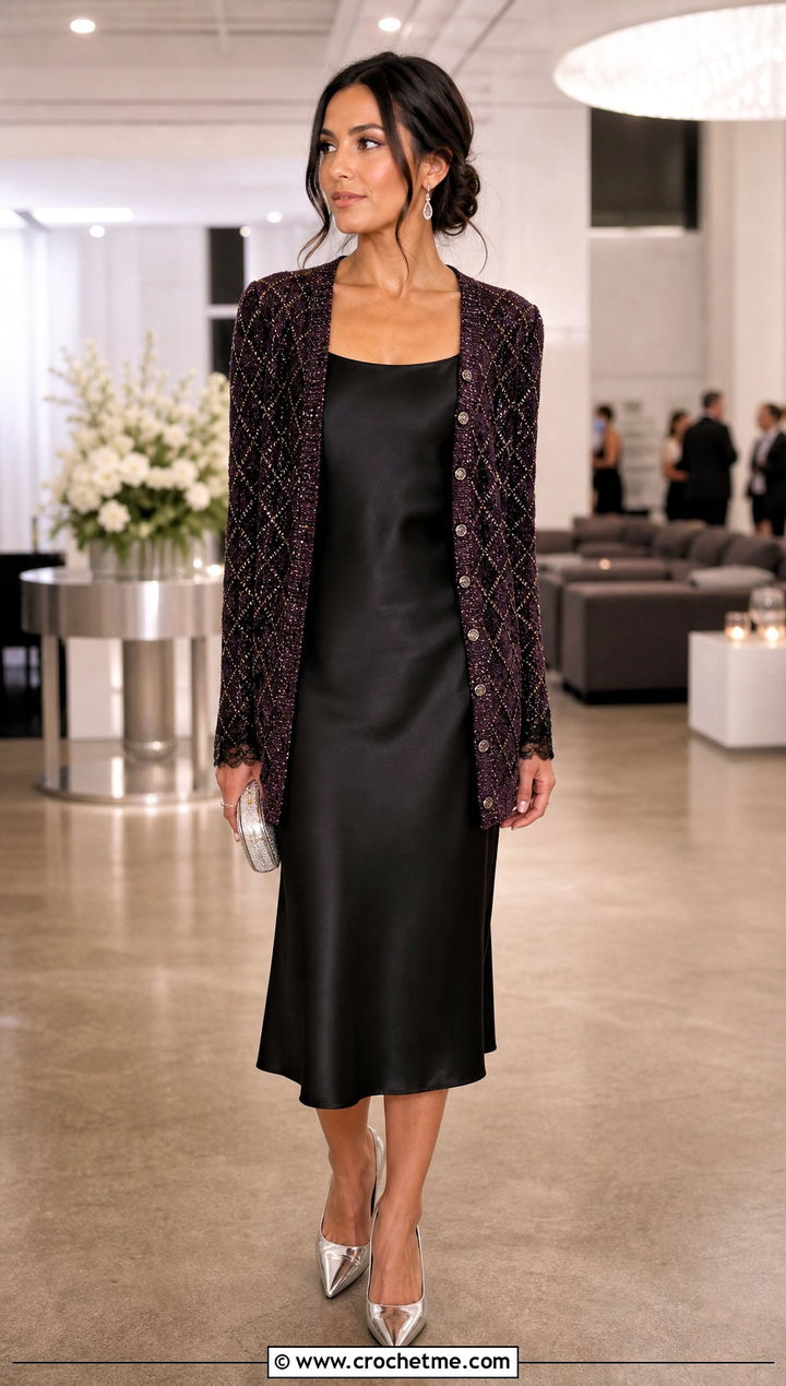 Embellished Diamond Crochet Cardigan With Black Midi Dress - 30 diamond crochet cardigan outfit ideas