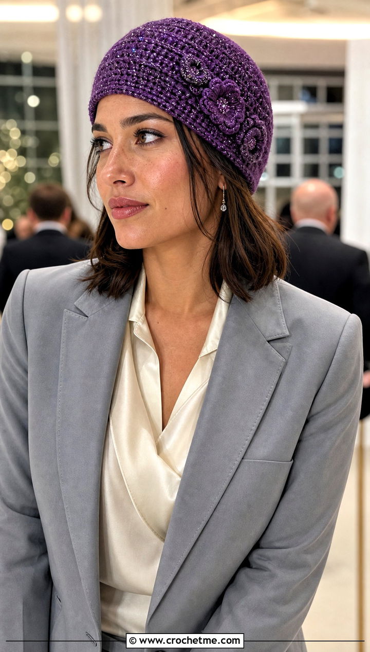 Embellished Single Crochet Beanie With Evening Suit - 15 Sc Crochet Beanie outfit ideas